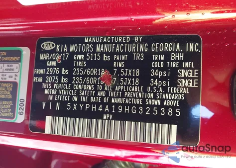 2017 Kia Sorento 2.0T Ex z USA, uszkodzony, nr VIN 5XYPH4A19HG325385